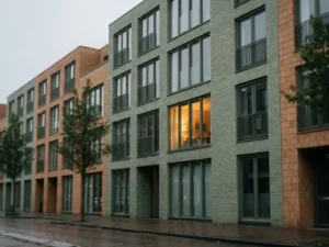 Moderne Nederlandse appartementencomplex met bakstenen gevel, één verlicht raam met warm gouden licht tussen identieke donkere units.