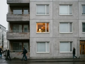 Appartementencomplex met één warmgloeiend raam in amberkleurig licht, contrasterende grijze betonnen gevel, straatperspectief op ooghoogte.