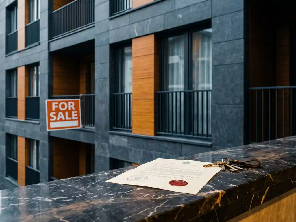 Appartementengebouw te koop met juridisch document, officieel rood stempel en sleutels op marmeren ondergrond.