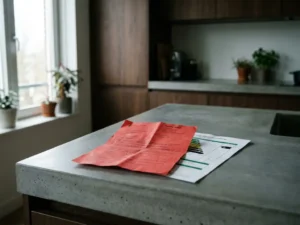 Boete-aanmaning op een energielabel in een moderne huurwoning keuken, zacht daglicht van links.