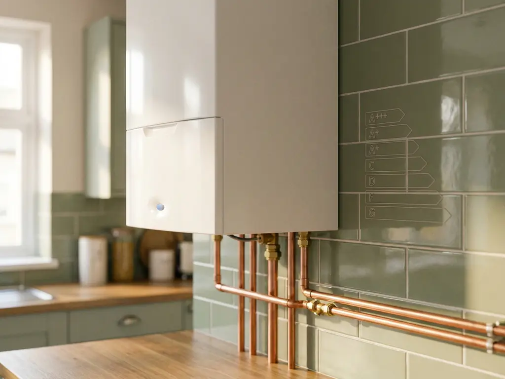 Nieuwe witte condenserende ketel op betegelde keukenmuur met koperen leidingen en zacht natuurlijk daglicht.