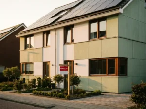 Verkocht modern Nederlands huis met groen energiezuinig gevelfront, zonnepanelen op het dak en bordje in voortuin.