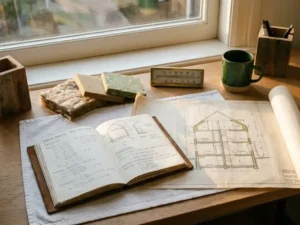 Notitieboek met thermische berekeningen naast een doorsneetekening van een rijtjeshuis, isolatiemonsters en thermometer op een wit bureau.