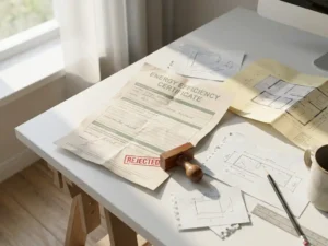 Verfrommeld energiecertificaat met afkeurstempel, meetnotities en gedeeltelijk ontvouwen plattegrond op wit bureau.