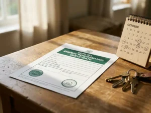Officieel energiecertificaat op houten bureau naast kalender met gemarkeerde datums en huissleutels, warm natuurlijk licht.