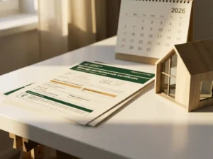Officieel energiecertificaat op wit bureau naast architectuurmodel van een huis, kalender 2026 op de achtergrond.