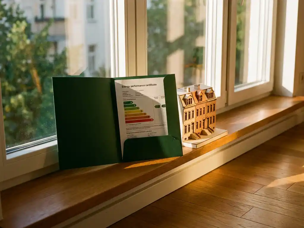 Energiecertificaat in documenthouder op vensterbank van moderne huurwoning, met daglicht door dubbele beglazing op houten vloer.