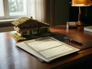 Officieel energiecertificaat op houten bureau naast miniatuur woonhuis en pen, in warm natuurlijk licht.