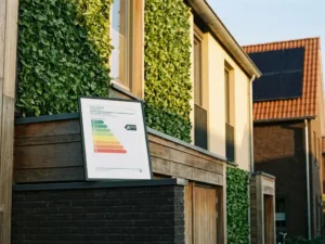 Energielabel A+++ certificaat tegen gevel van Nederlandse rijtjeswoning met zonnepanelen op terracotta dak en groen geïsoleerde muren.