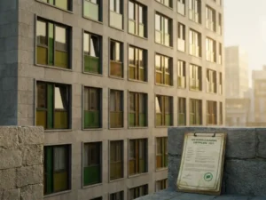 Appartementengebouw met regelmatige raamindeling en klembord met energiecertificaat tegen de gevel, warm amberkleurig middaglicht.