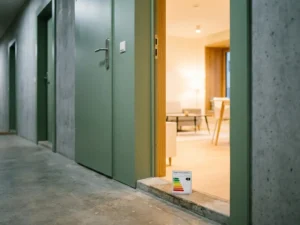 Licht op een kier staande appartementsdeur met energielabel op de drempel, warme binnenverlichting contrasteert met grijze betonnen gang.
