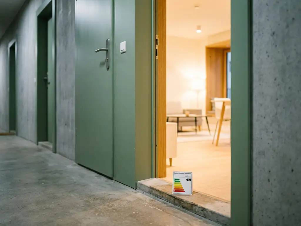Licht op een kier staande appartementsdeur met energielabel op de drempel, warme binnenverlichting contrasteert met grijze betonnen gang.