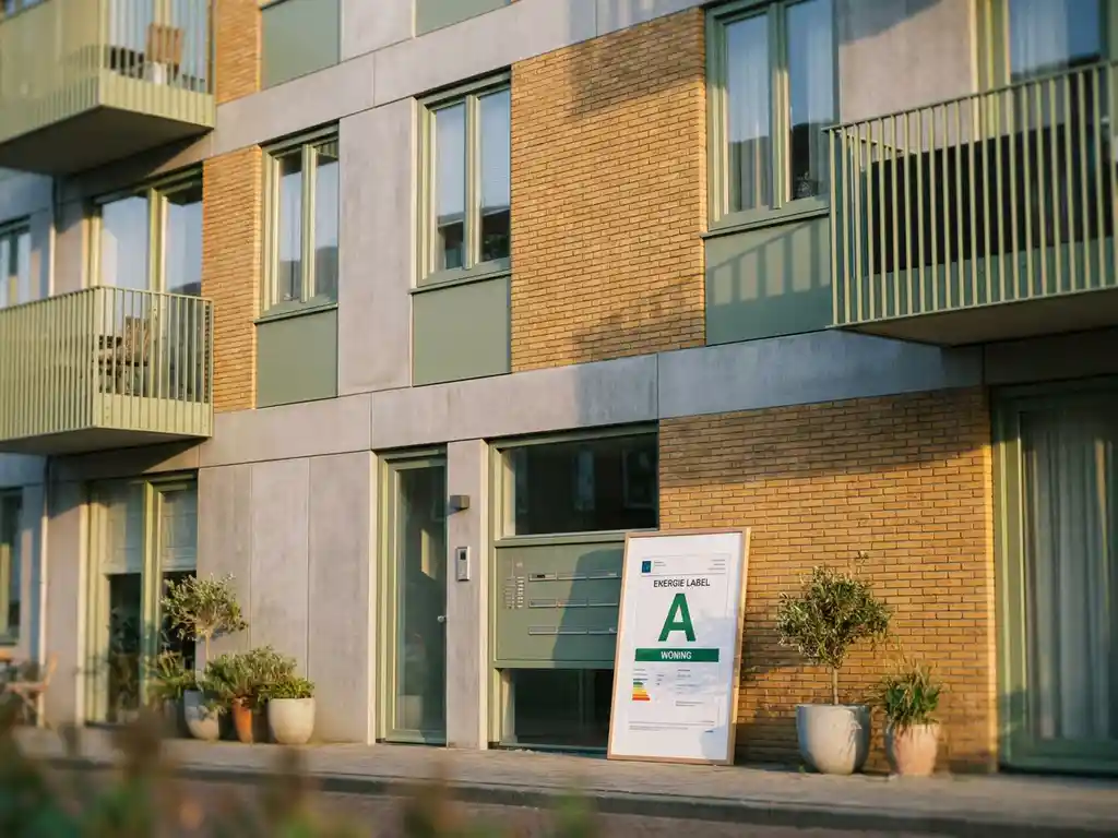 Modern Dutch appartementencomplex met energielabel certificaat bij de ingang, warme amber en sagegroene tinten tegen betongrijs.