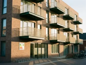 Moderne Nederlandse appartementencomplex met bakstenen gevel, balkons en energielabel, gefotografeerd in warm middaglicht.