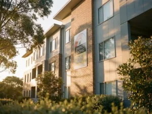 Moderne appartementencomplex van onderen gefotografeerd met energielabel op bakstenen gevel, omgeven door groen in warm avondlicht.