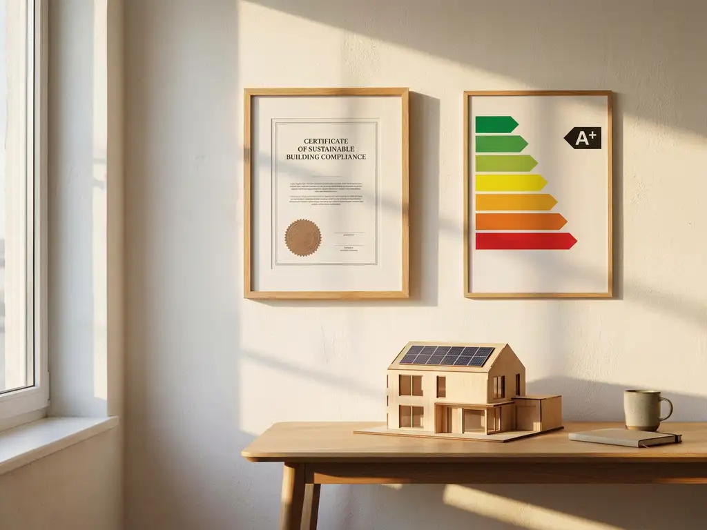 Ingelijst energiecertificaat aan witte muur naast energielabel, met architectuurmodel van woning op bureau eronder.