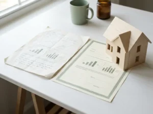 Officieel energiecertificaat met zegel naast een architectonisch huismodel op een wit bureau, warm natuurlijk licht.