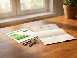 Energielabel certificaat op houten bureau naast huissleutels en koopovereenkomst, warm ochtendlicht, ondiepte van veld.