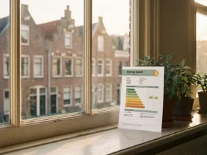 Officieel energielabel certificaat op houten vensterbank van Nederlandse huurwoning, met rij rijtjeshuizen op de achtergrond.