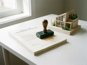 Officieel stempel op energieprestatiecertificaat naast architectuurmodel van woning, in groen en warm amber.