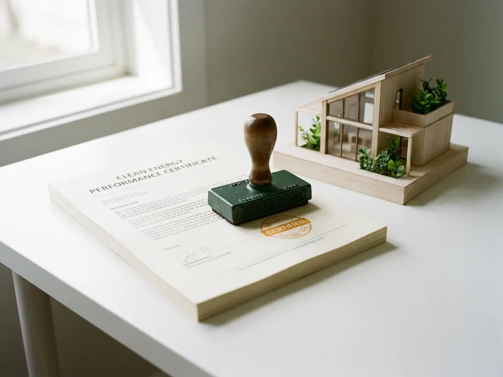 Officieel stempel op energieprestatiecertificaat naast architectuurmodel van woning, in groen en warm amber.