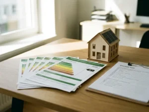 Energielabelcertificaten uitgewaaierd op wit bureau naast miniatuur huismodel en klembord met inspectielijst.