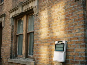 Verweerde bakstenen gevel van voor 1945 met houten kozijnen en stenen ornamenten, energie-inspectieklembord leunend tegen de muur.
