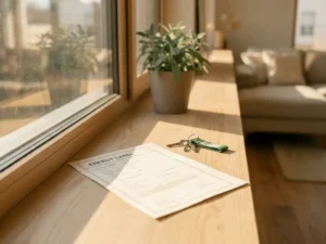 Energielabel certificaat op vensterbank van huurappartement, met huissleutels en warm ochtendlicht op houten vloer.