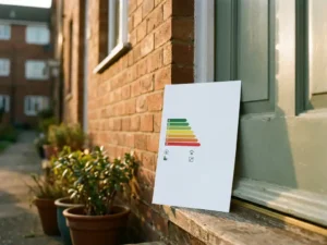 Energielabel certificaat tegen de voordeur van een Nederlandse huurwoning met bakstenen gevel op de achtergrond.