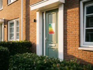 Energielabel op de voordeur van een Nederlandse woning met bakstenen gevel, groene heg en warm ochtendlicht.