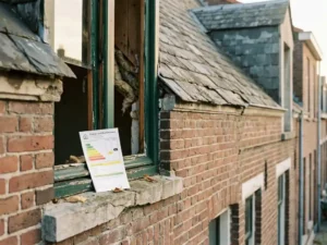Verouderde Nederlandse rijtjeswoning met zichtbare isolatiegebreken rond raamkozijnen, met energiecertificaat op vensterbank in middagzon.