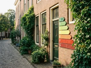 Energielabelschaal op gevel van Nederlandse rijtjeswoning, van rood naar groen, omgeven door weelderig groen bladerwerk in warm middaglicht.