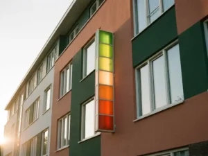 Energielabel-schaal op gevel van Nederlands appartementengebouw, groene A-band verlicht door gouden-uurszon, lage camerahoek.