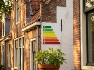 Energielabel schaal van groen tot rood op witte Nederlandse gevel, verlicht door warm middagzonlicht.