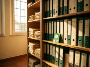 Kantoorkast vol gestapelde woningdossiers en certificatiemappen met een groen energielabel, beschenen door warm Nederlands middaglicht.