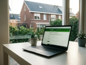 Laptop op wit bureau met EP-Online overheidsportaal, Nederlandse woning zichtbaar door raam op de achtergrond.