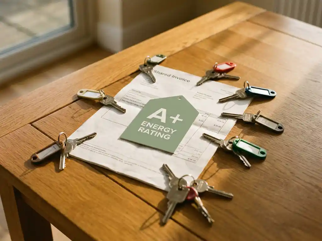 Gedeelde factuur op houten tafel omringd door appartementsleutels in een kring, met groen energielabel in het midden.