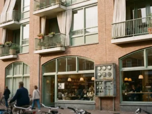 Gemengd gebruik appartementengebouw in Nederland met energiemeterbox op bakstenen gevel, commerciële begane grond en balkons op bovenverdiepingen.