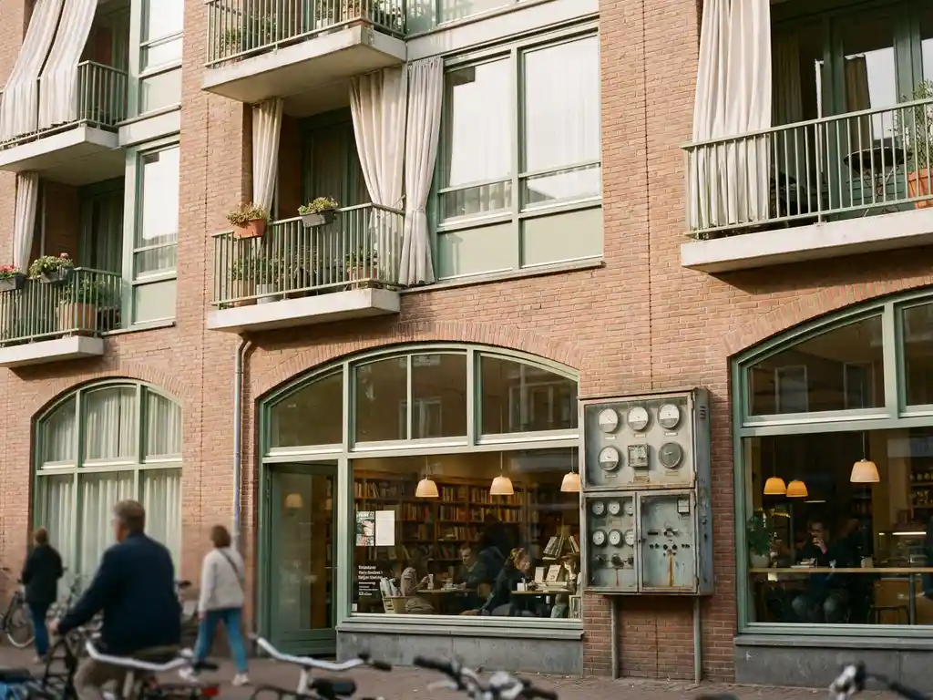 Gemengd gebruik appartementengebouw in Nederland met energiemeterbox op bakstenen gevel, commerciële begane grond en balkons op bovenverdiepingen.
