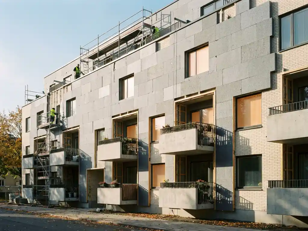 Appartementengebouw met grijze isolatiepanelen op de gevel, balkons zichtbaar achter de thermische bekleding, gefotografeerd van straatniveau.