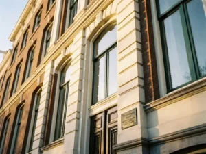 Historisch Amsterdams grachtenpand met sierlijke stenen details, rondboogvensters en bronzen plaquette bij de ingang in gouden middaglicht.