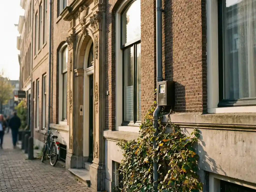 Historisch Amsterdams grachtenpand met sierlijke gevelsteen, moderne energiemeter op verweerde bakstenen gevel, klimop en warme middagzon.