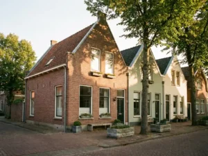 Rood bakstenen hoekwoning naast een tussengeschakelde woning op een rustige Nederlandse woonstraat in gouden middaglicht.