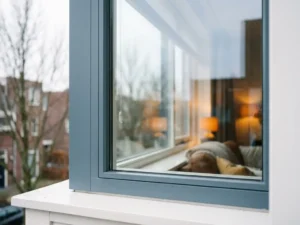 HR++ dubbel glas in wit kozijn van Nederlandse woning met condensvrij glas en warme woonkamer op de achtergrond.