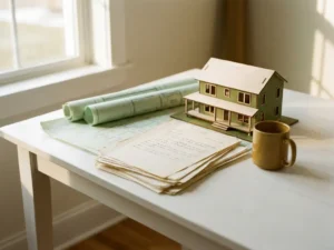 Stapel officiële huisdocumenten en plattegronden op wit bureau, met een architectonisch huismodel ernaast in warm natuurlijk licht.