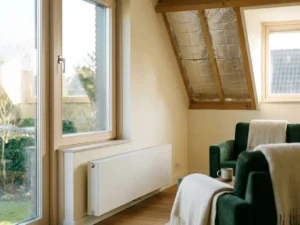 HR++ dubbel glas in geïsoleerd Nederlands interieur met afgewerkte kozijnen, witte radiator en dakisolatie op de achtergrond.