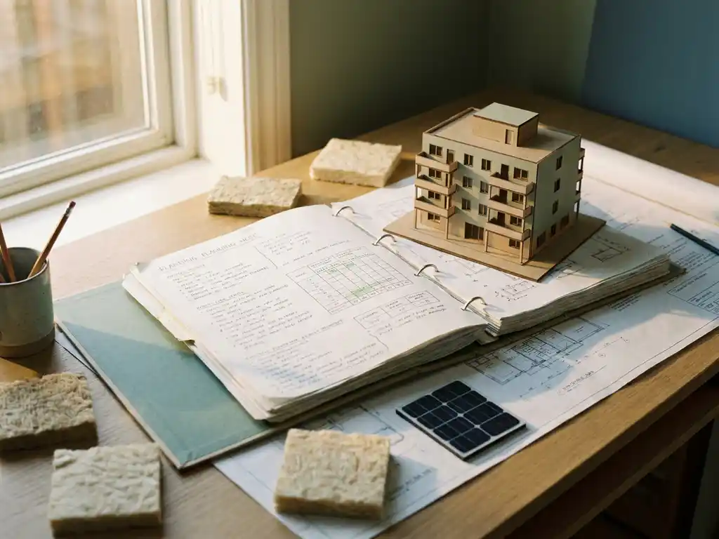 Meerjarenonderhoudsplan opengeslagen op een architectenbureau met miniatuur appartementengebouw, isolatiestalen en zonnepaneel sample.