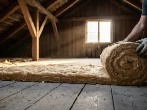 Mineraalwol isolatie uitgerold op zoldervloer, houten dakbalken zichtbaar in warm middaglicht.