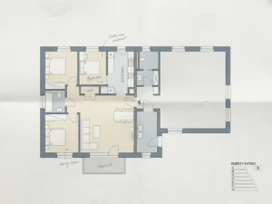 Plattegrond van een appartementengebouw met één gesplitste eenheid en een aangrenzende open ruimte, energielabel in de hoek.