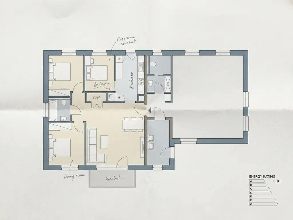 Plattegrond van een appartementengebouw met één gesplitste eenheid en een aangrenzende open ruimte, energielabel in de hoek.